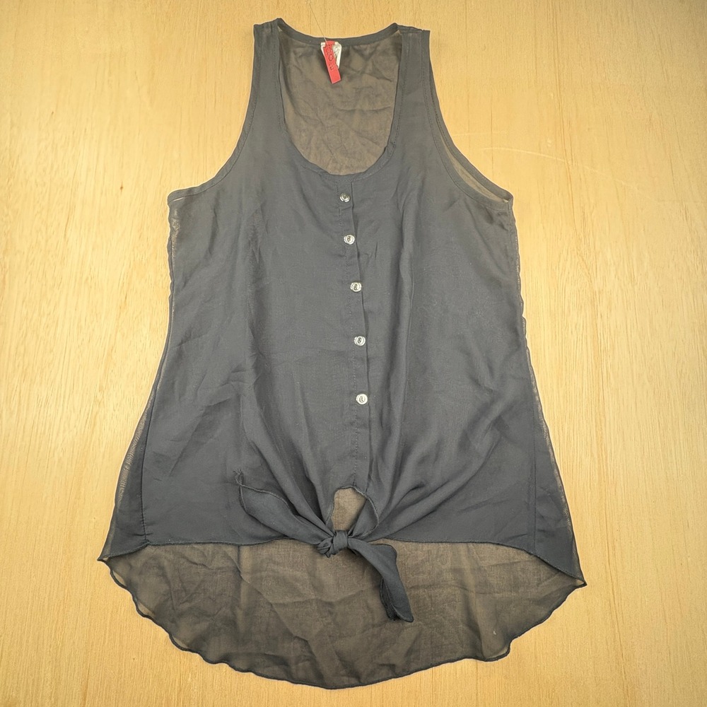 Topia Womens Sheer Black Button Front Tie Hem High Low Tank Top C4020RA L